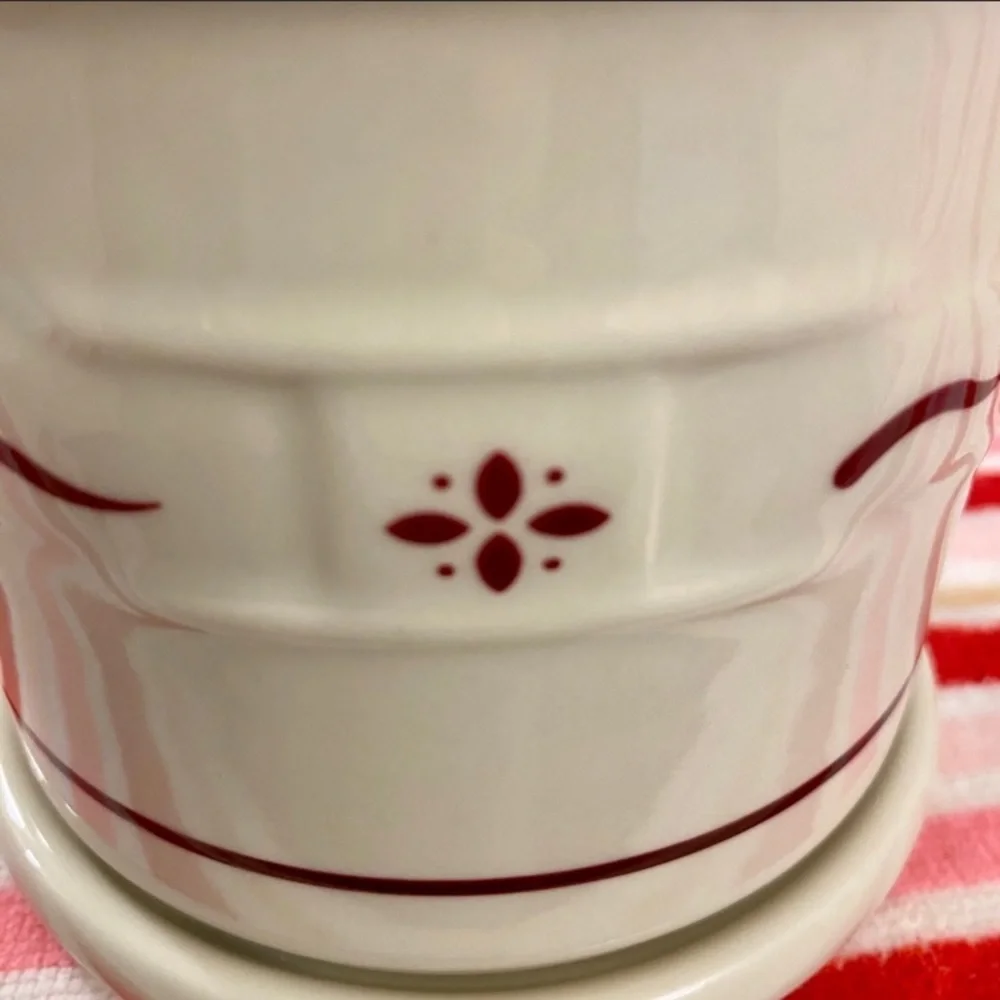 Longaberger Cream Ceramic 1 Pint Crock Red Trim Matching Lid Collectible